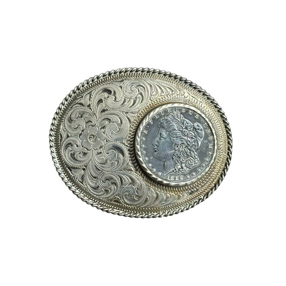SSS Sterling on Nickel Belt Buckle With 1886 Morgan Silver Dollar Rare Etched - Picture 2 of 8